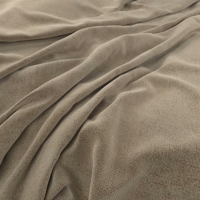 Muted warm taupe woven fabric gathered into soft, fluid folds