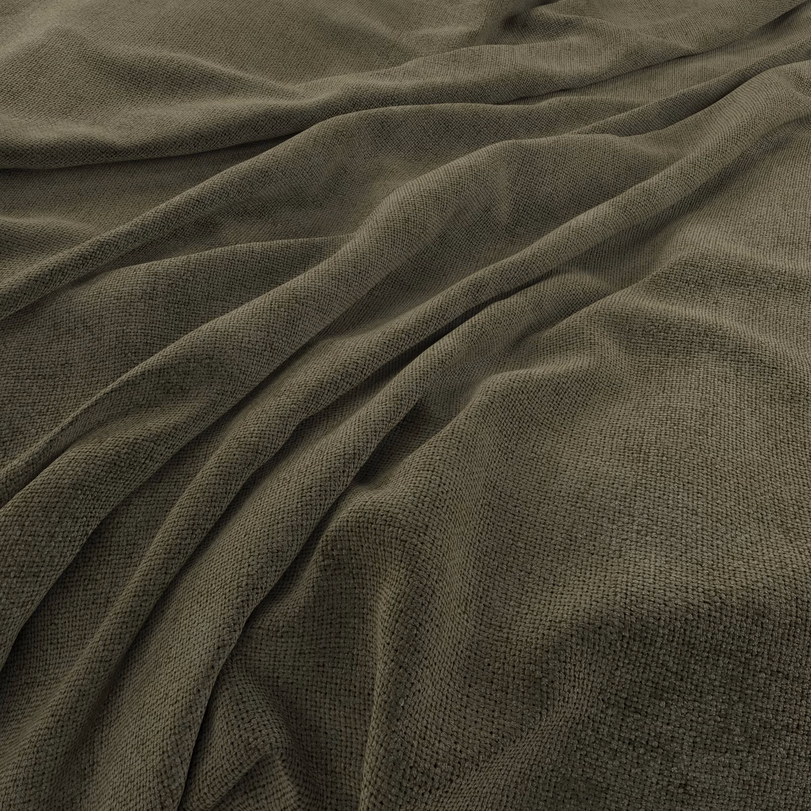 Close-up of muted moss-green woven fabric with soft folds and fine texture