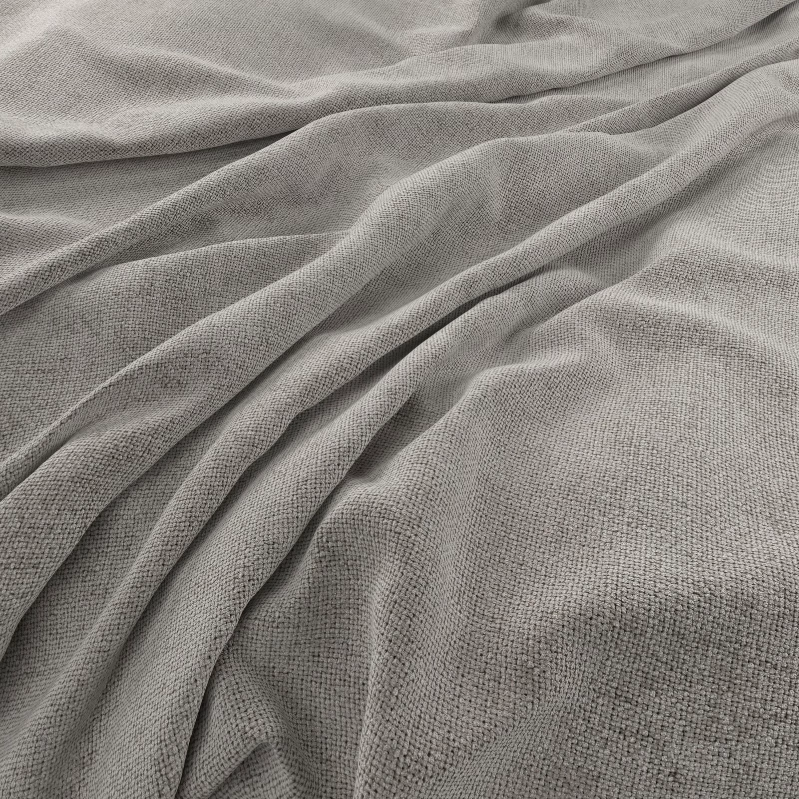 Warm pebble-grey woven fabric with fine texture gathered into soft, flowing folds