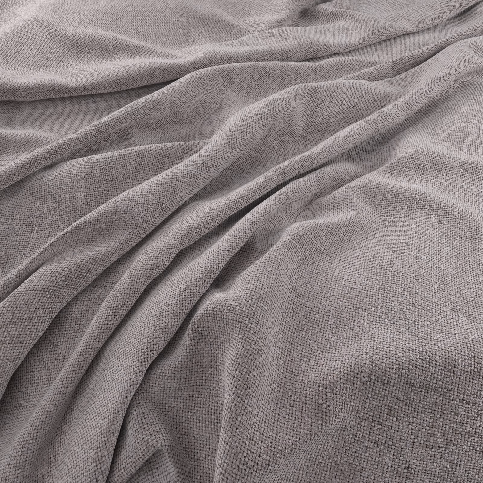 Soft stone-grey woven fabric gathered into quiet folds, showing a fine tactile surface