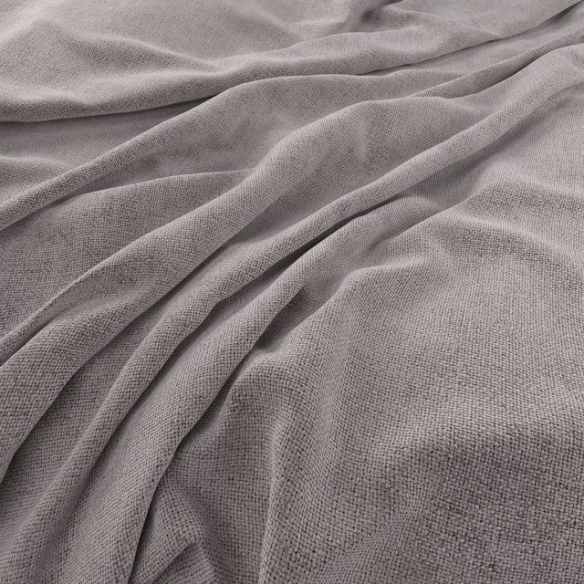 Soft stone-grey woven fabric gathered into quiet folds, showing a fine tactile surface