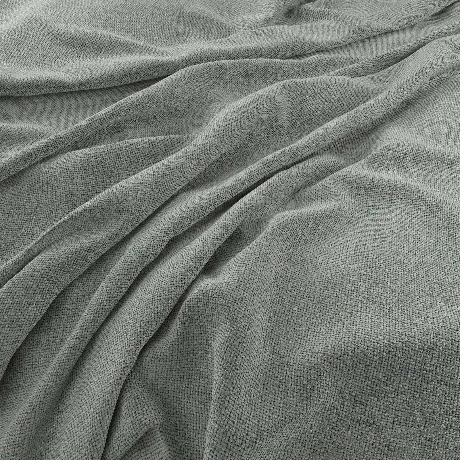 Muted seafoam green woven fabric gathered into softly shadowed folds