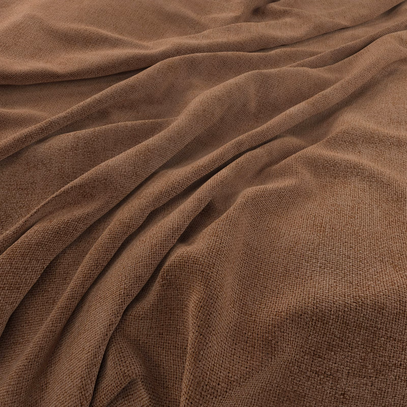 Warm Tuscan brown woven fabric with fine texture arranged in deep, soft folds