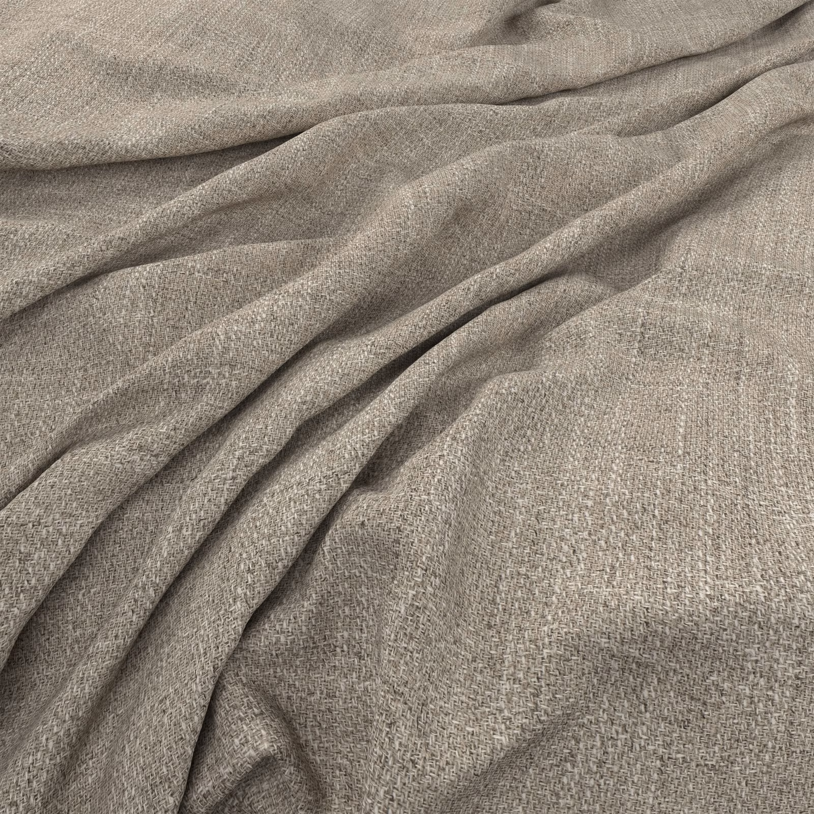 Warm taupe-grey marl fabric with fine woven flecks and softly gathered folds