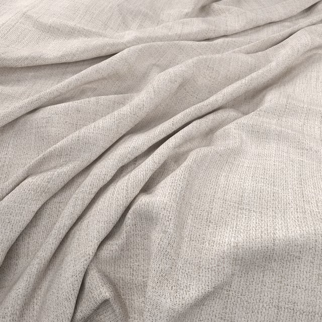 Warm oyster fabric with fine flecked weave gathered into softly shadowed folds