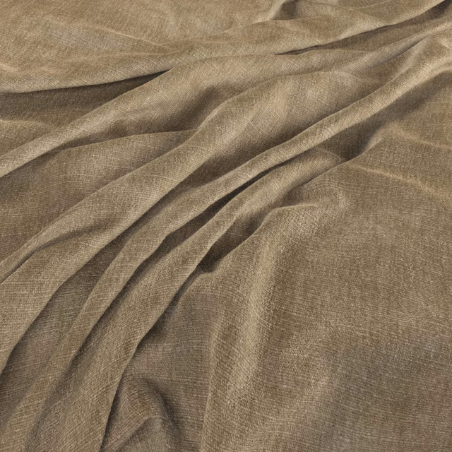 Warm acorn taupe woven fabric gathered into softly reflective folds