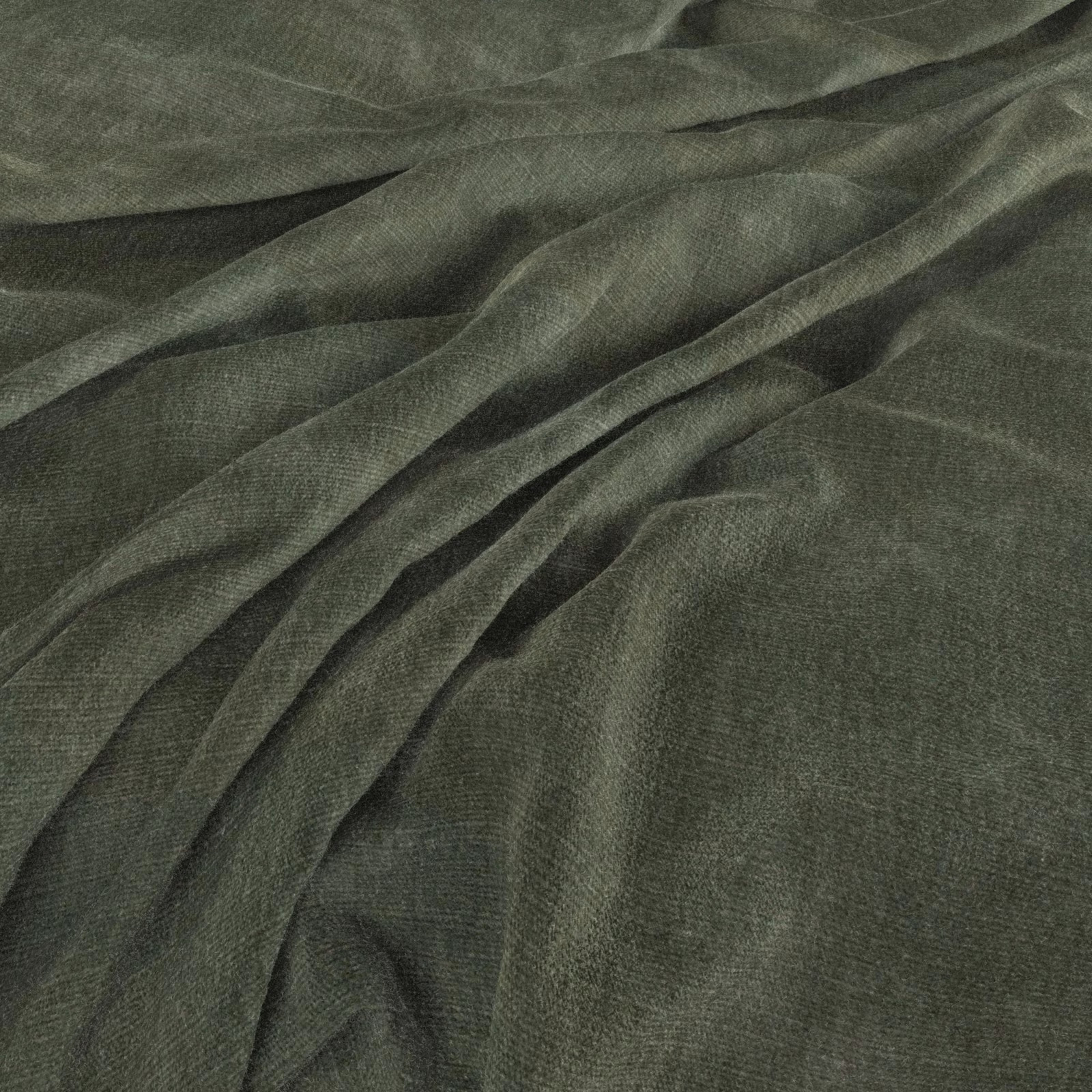 Muted alpine green plain-weave fabric gathered into softly shaded folds