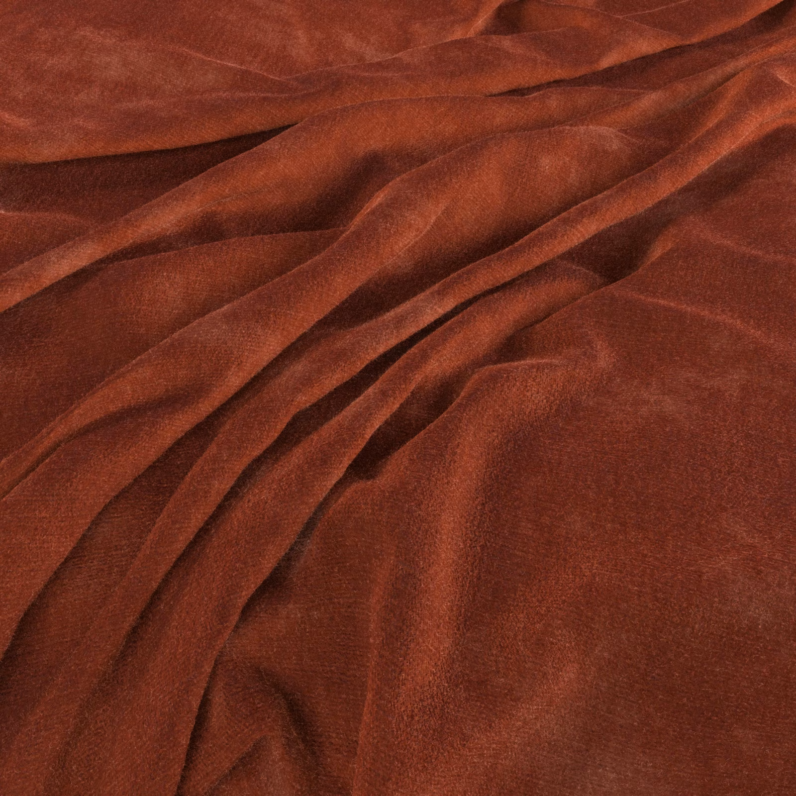 Deep burgundy velvet-like pile folded into softly catching, sculptural drapes