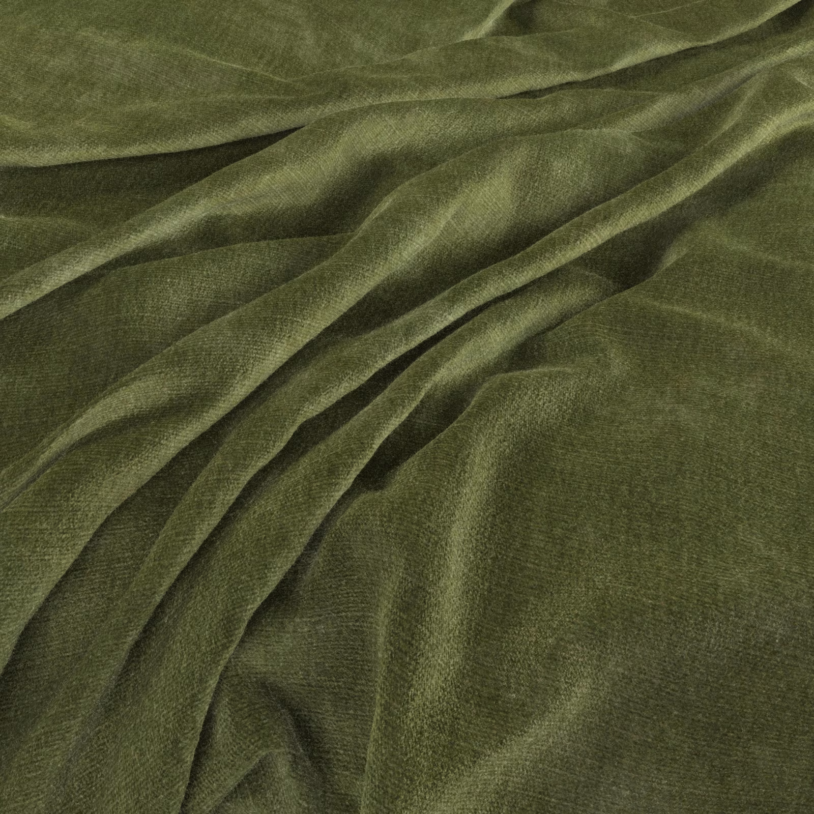 Deep olive-green fabric with a softly lustrous nap gathered into shadowed folds