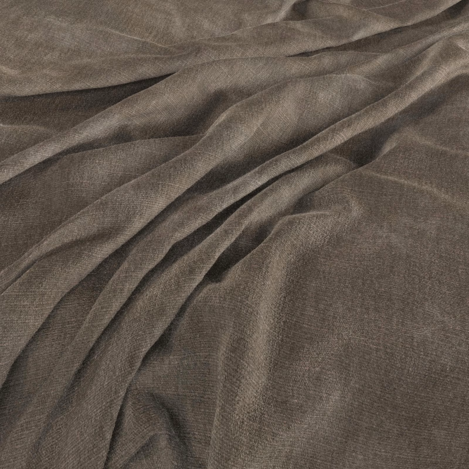 Muted taupe-brown woven fabric in soft folds, showing a fine crosshatch texture