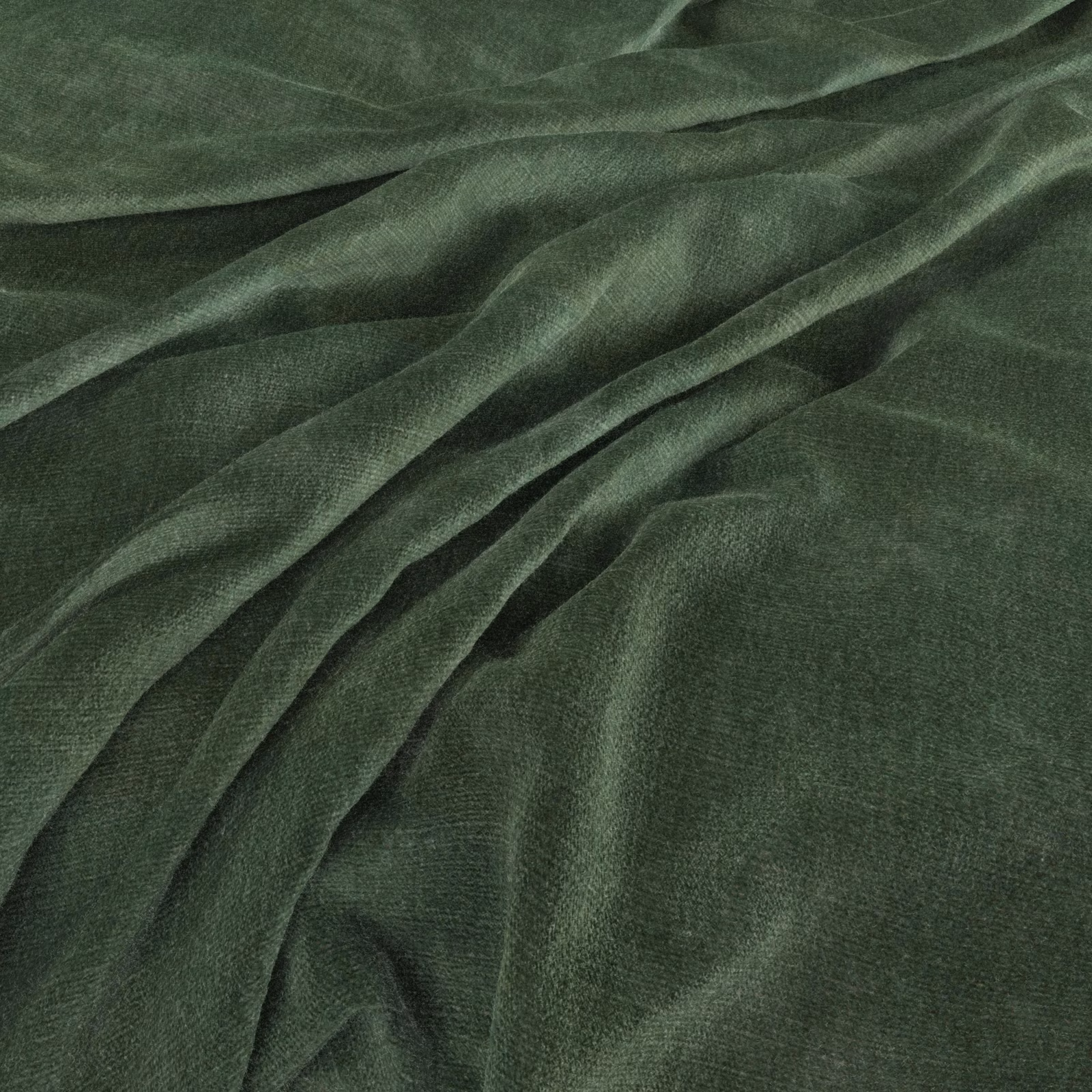 Deep forest-green woven fabric with fine texture and softly lustrous fluid folds