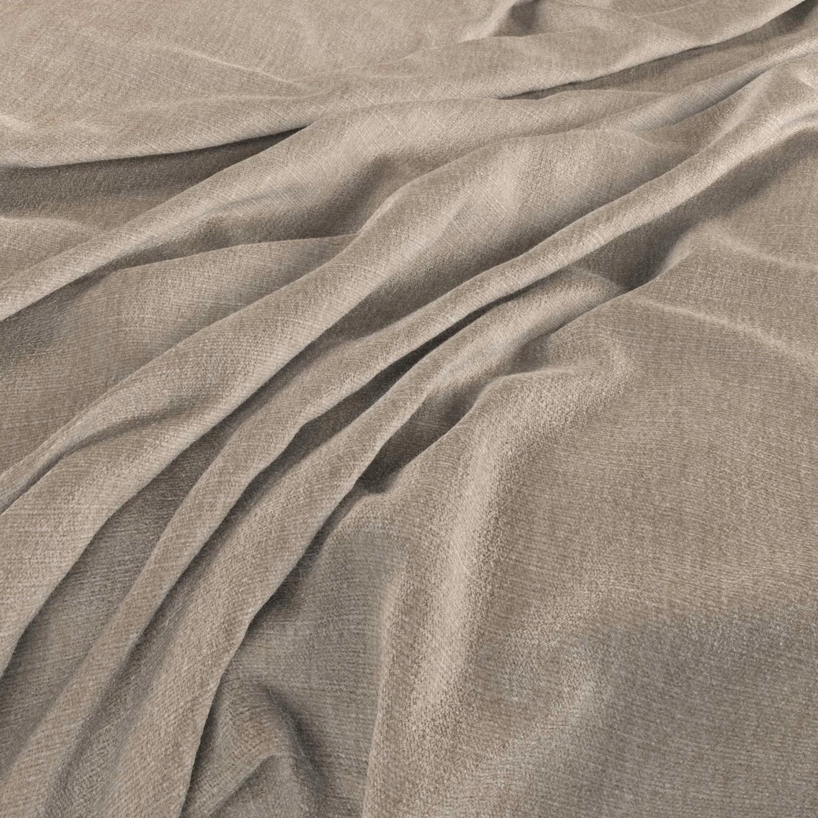 Taupe-grey woven fabric with fine texture draped into soft, shadowed folds