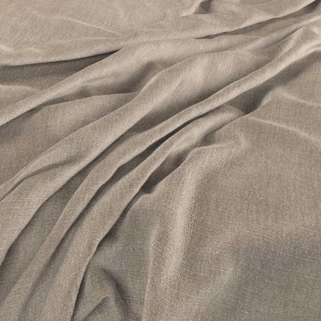 Taupe-grey woven fabric with fine texture draped into soft, shadowed folds