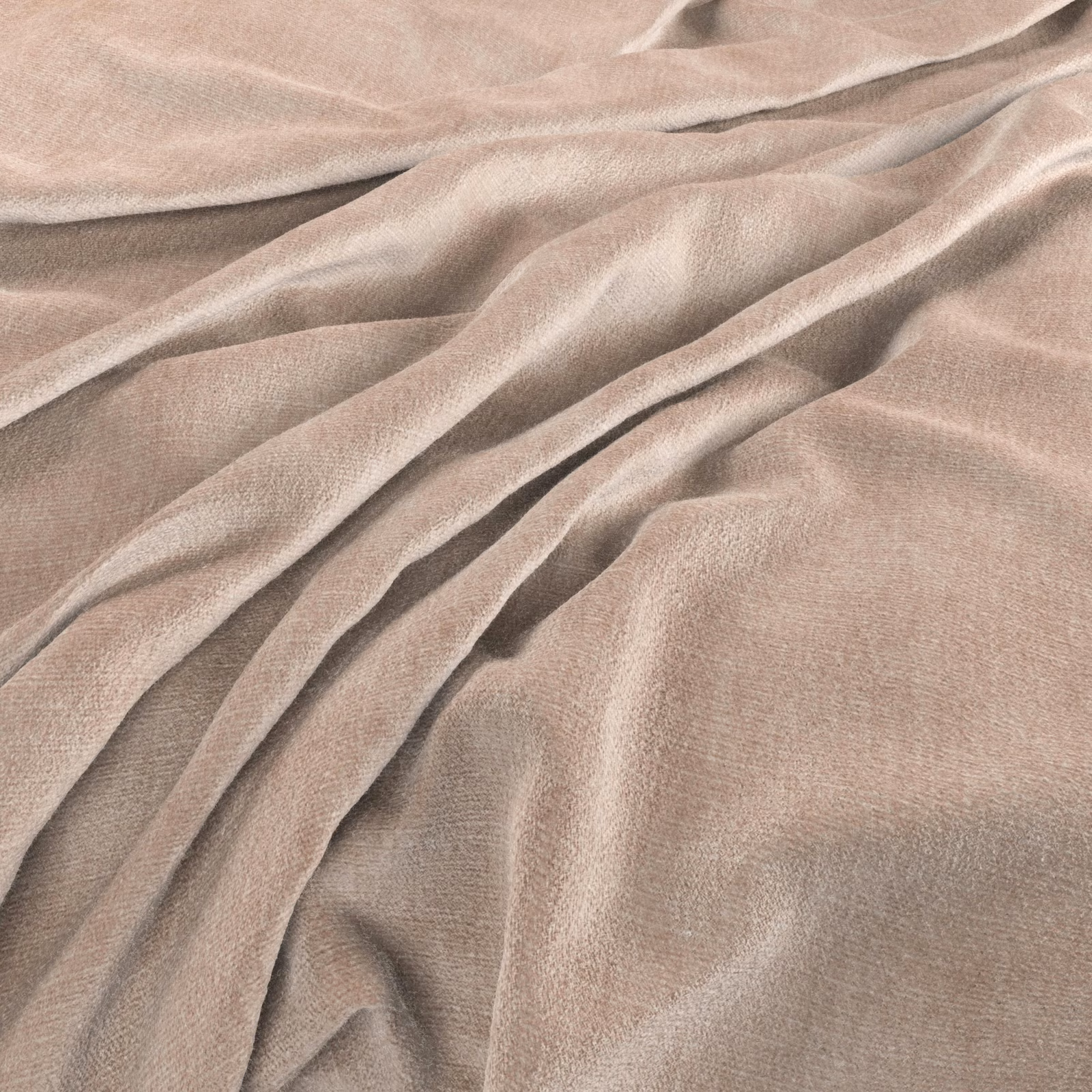 Muted shell-pink fine-weave textile falling in softly gathered, light-catching folds