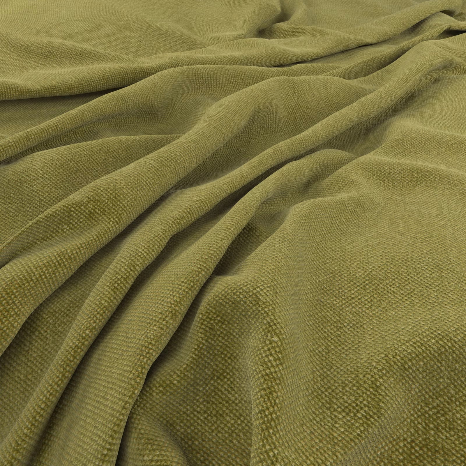 Muted apple-olive fabric with fine woven texture arranged in soft, fluid folds