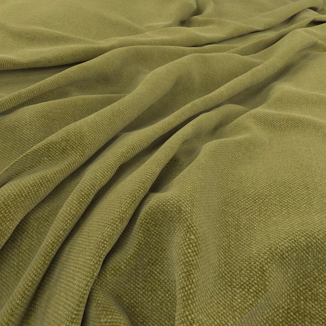 Muted apple-olive fabric with fine woven texture arranged in soft, fluid folds