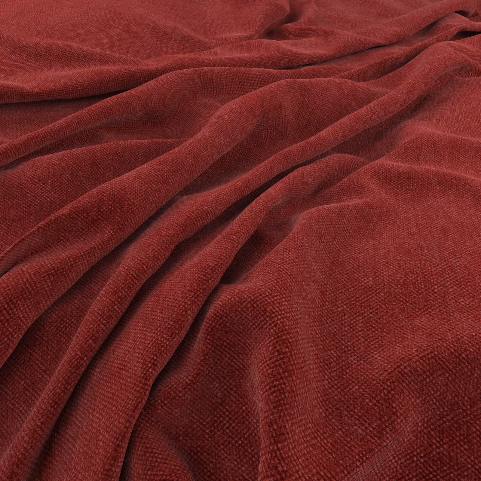 Deep carmine red fabric with fine ribbed velvet-like texture in soft folds
