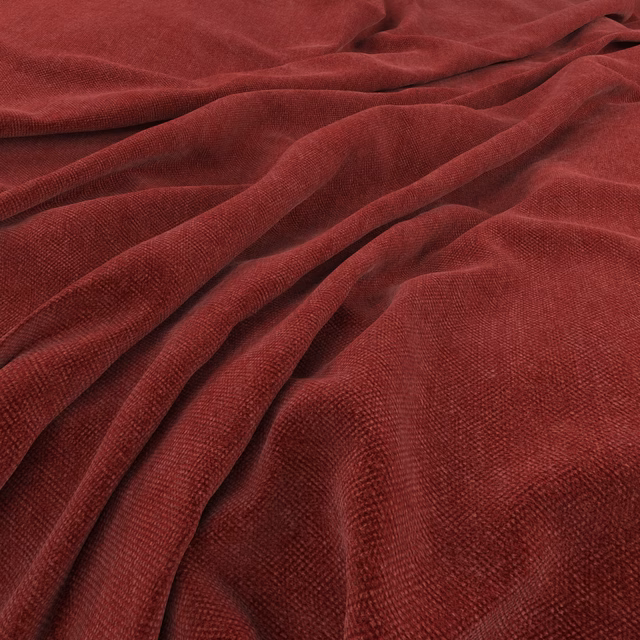 Deep carmine red fabric with fine ribbed velvet-like texture in soft folds