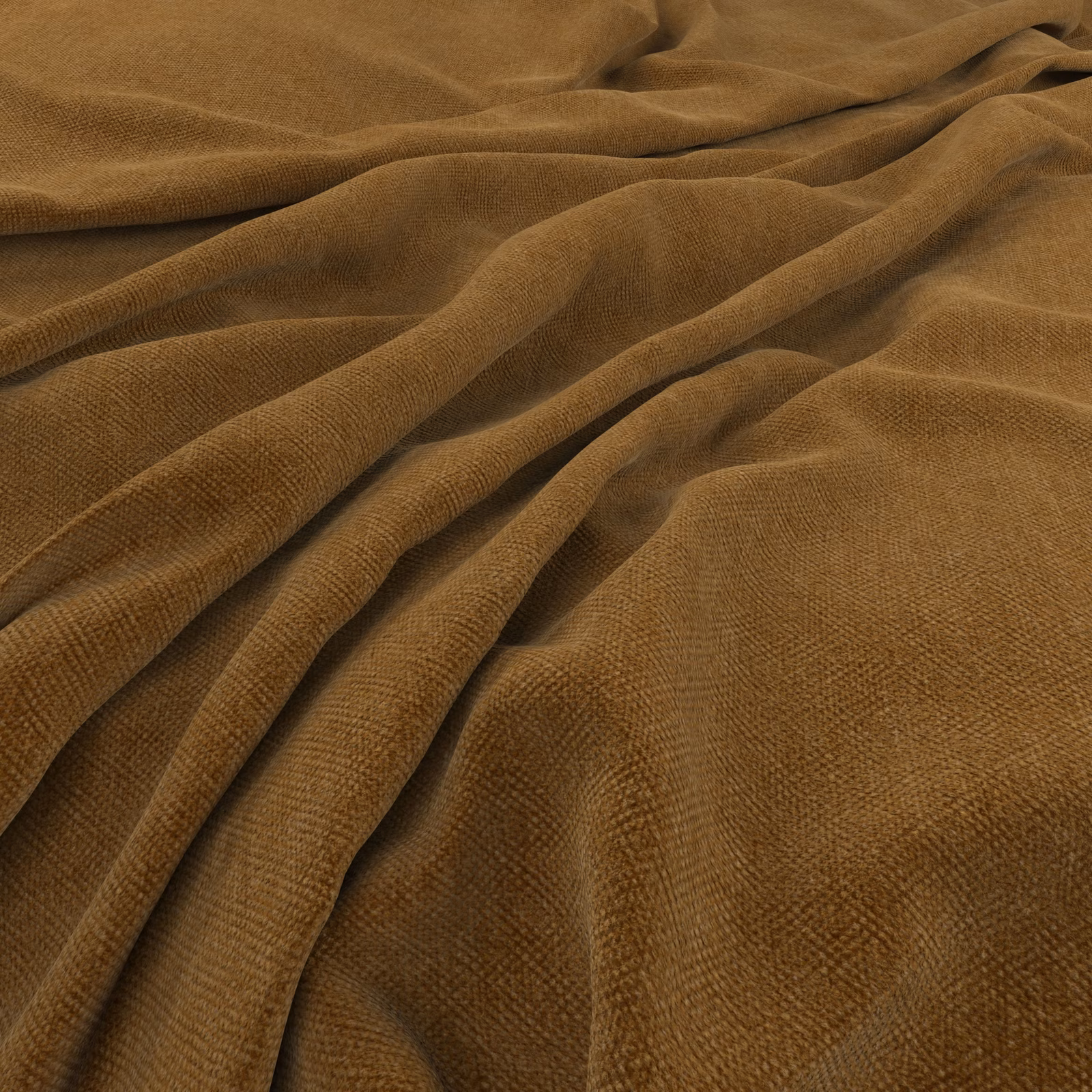 Close-up of warm cinnamon-brown woven fabric gathered into softly rounded folds