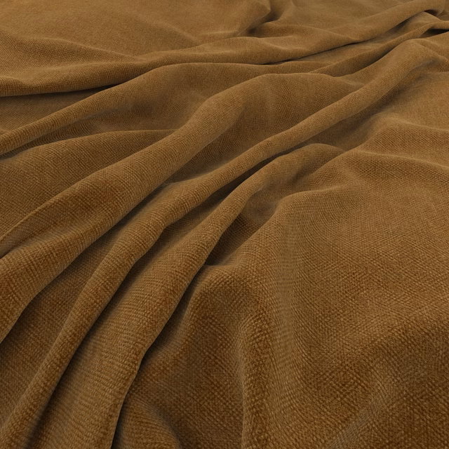 Close-up of warm cinnamon-brown woven fabric gathered into softly rounded folds