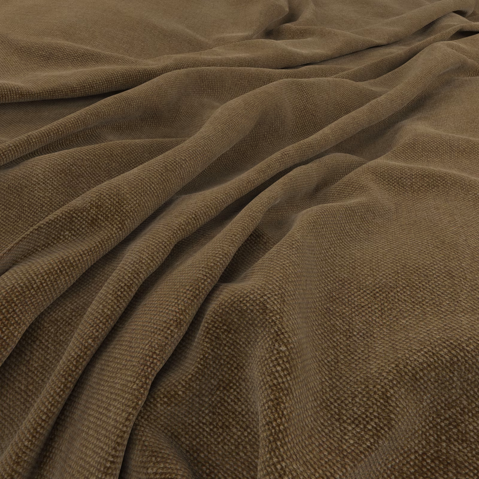 Muted olive taupe woven fabric gathered into deep, softly textured folds