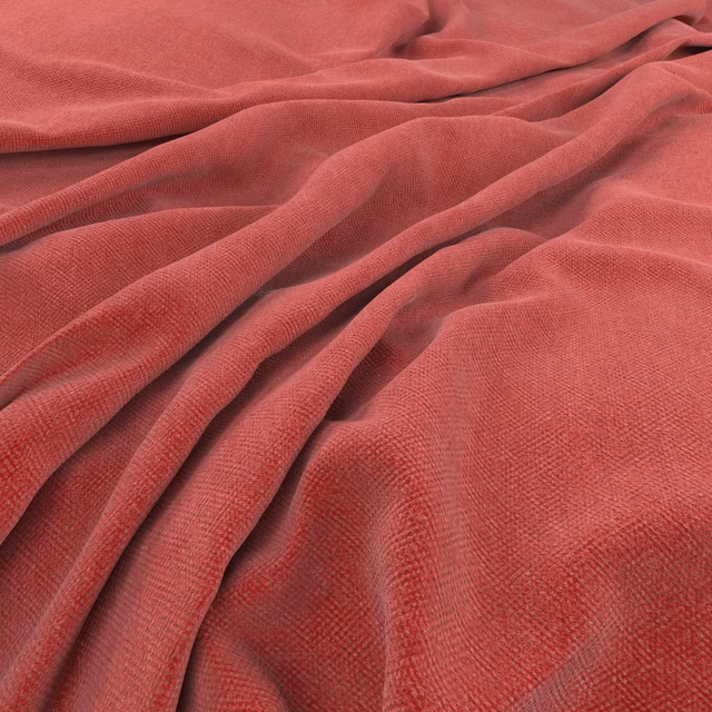Muted flamingo pink fabric with fine texture gathered into softly shadowed folds