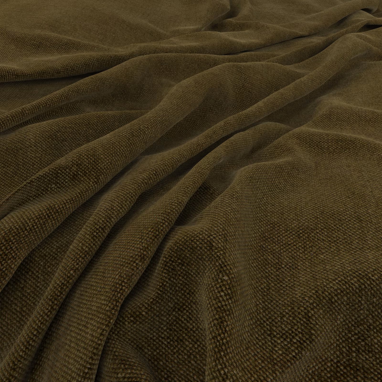 Deep olive forest-green fabric with a fine, softly light-catching micro-texture in folds