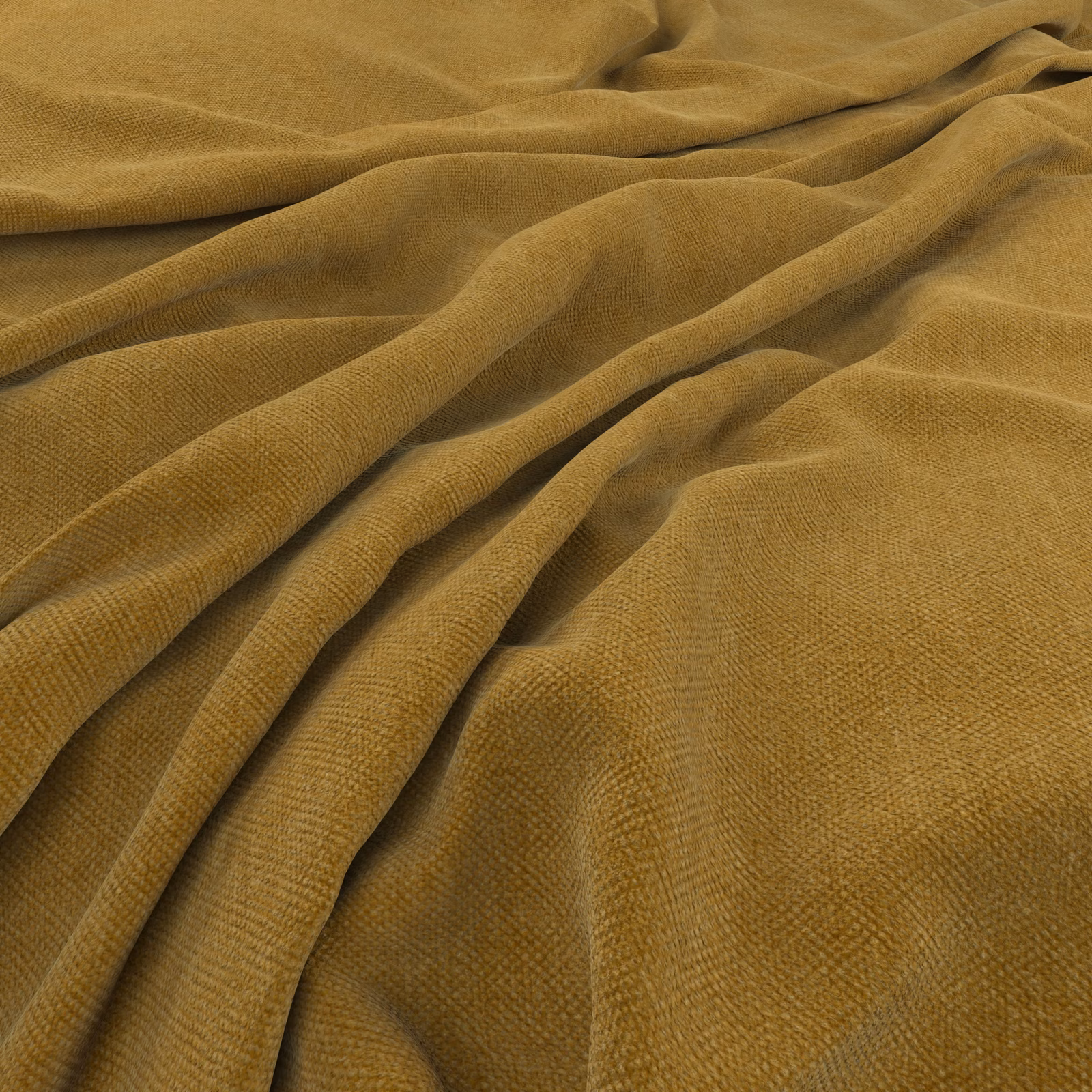 Warm ochre-gold fabric with a fine nubby weave gathered into flowing folds