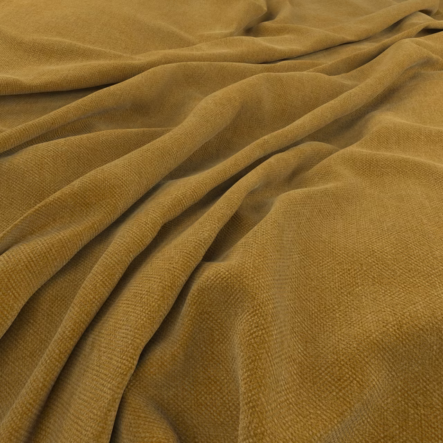 Warm ochre-gold fabric with a fine nubby weave gathered into flowing folds