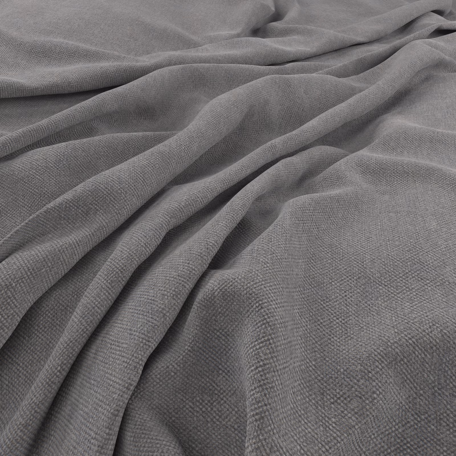 Cool mid-grey woven fabric with fine crosshatch texture in soft gathered folds