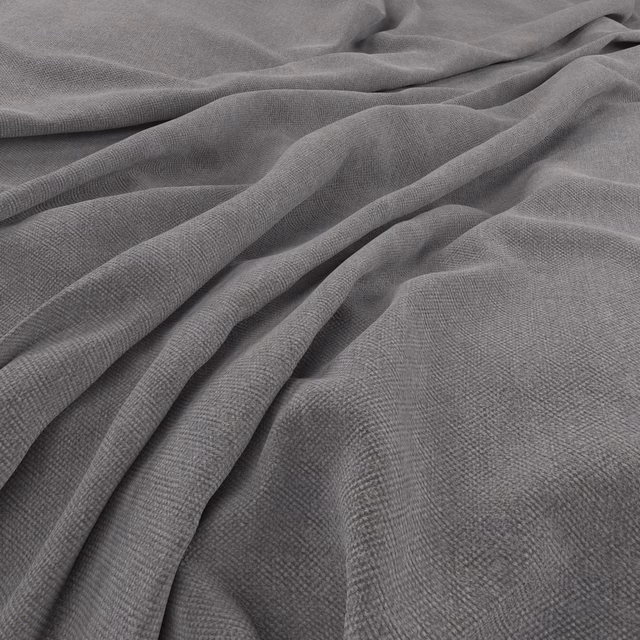 Cool mid-grey woven fabric with fine crosshatch texture in soft gathered folds