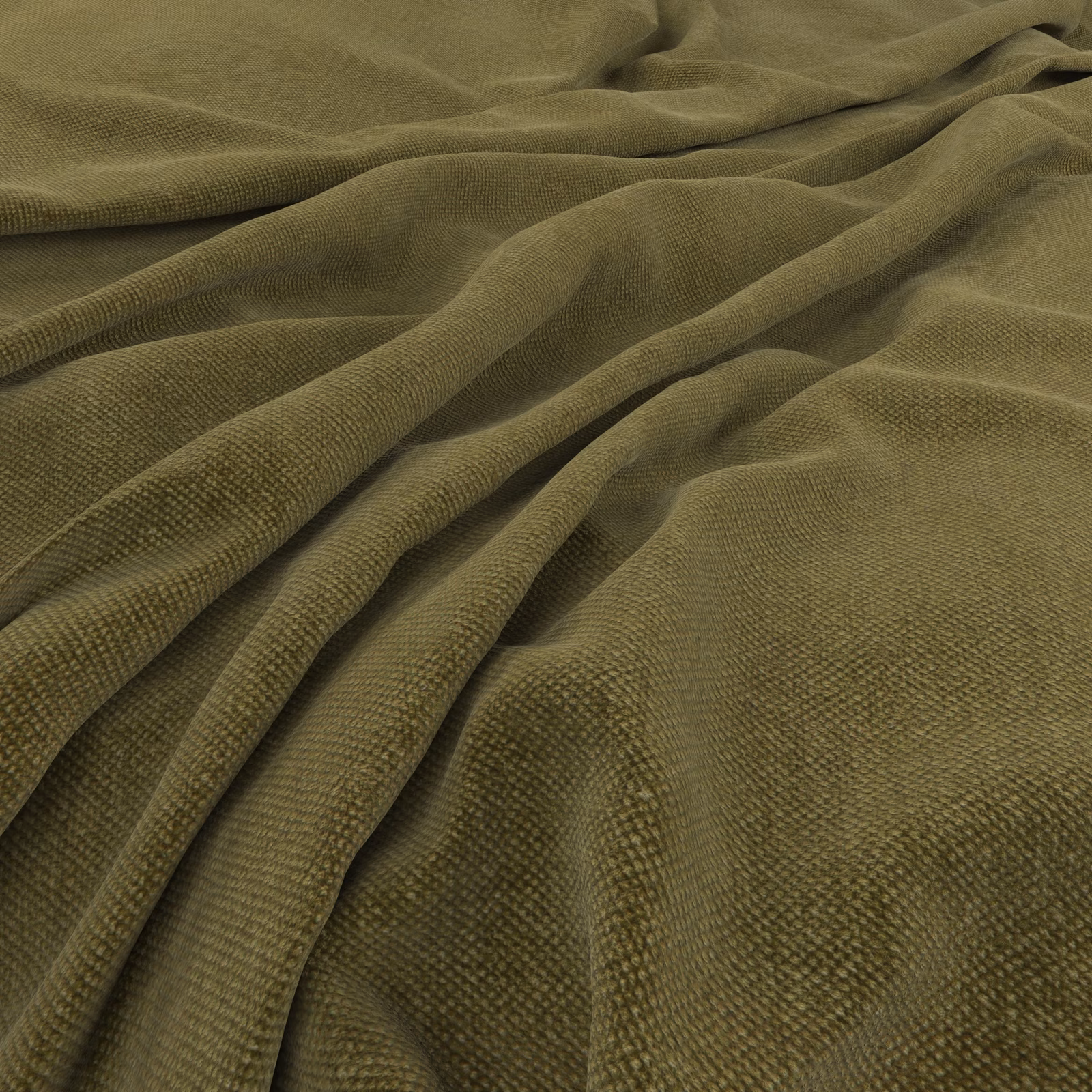 Muted olive-green woven fabric gathered into soft, shadowed folds