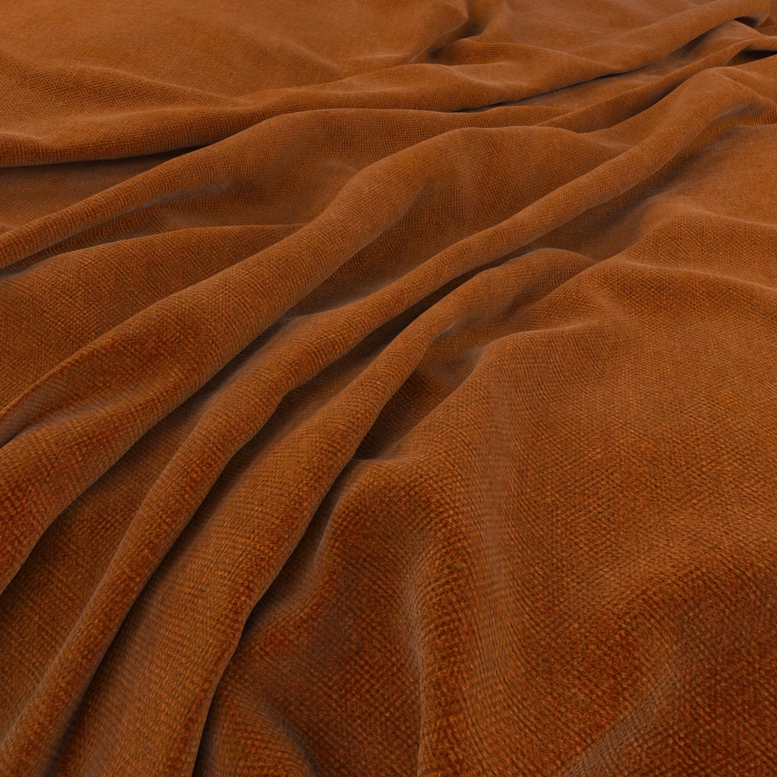 Burnt mandarin orange ribbed pile fabric arranged in deep, softly shaded folds