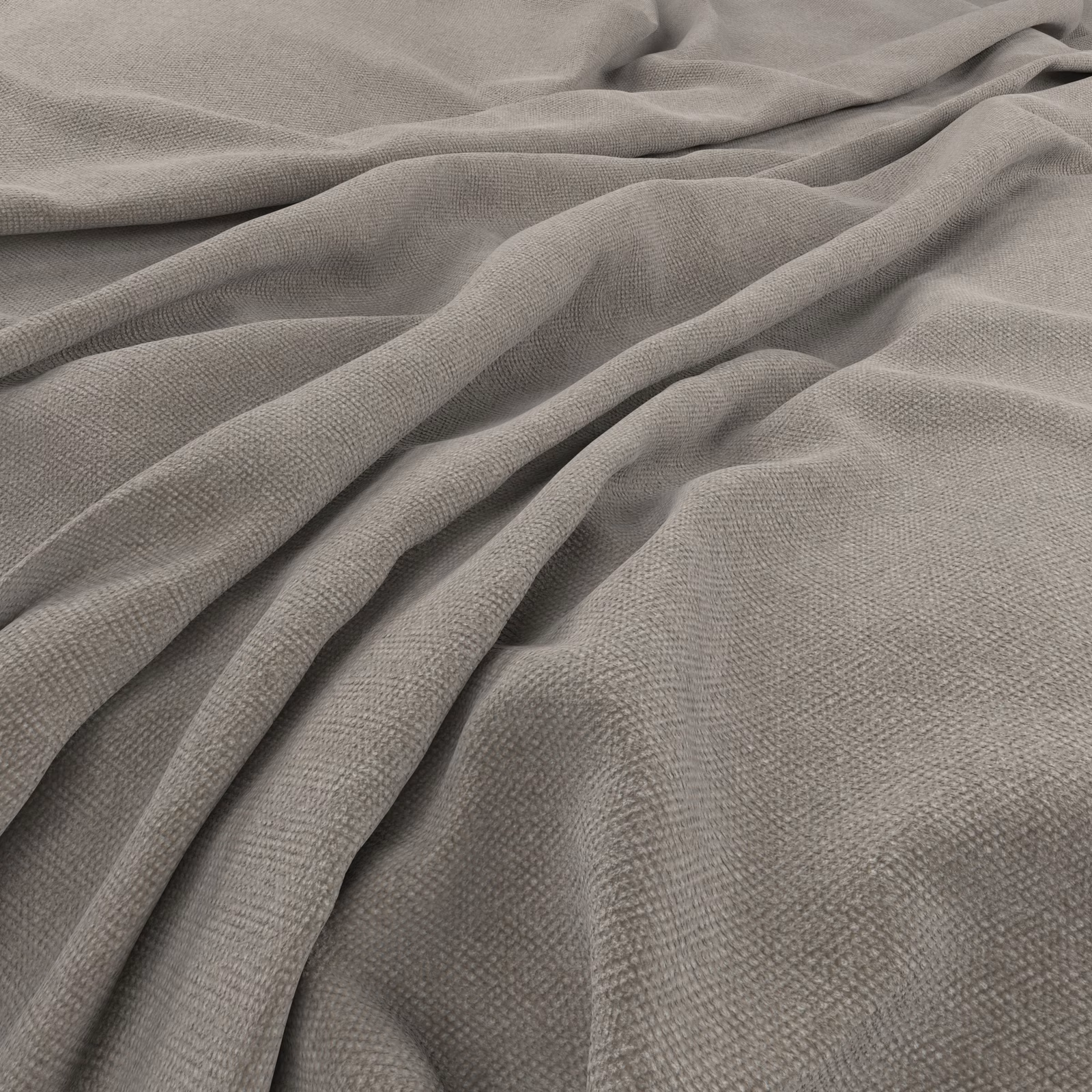 Warm marble-grey woven fabric arranged in soft folds, showing a fine tactile grain