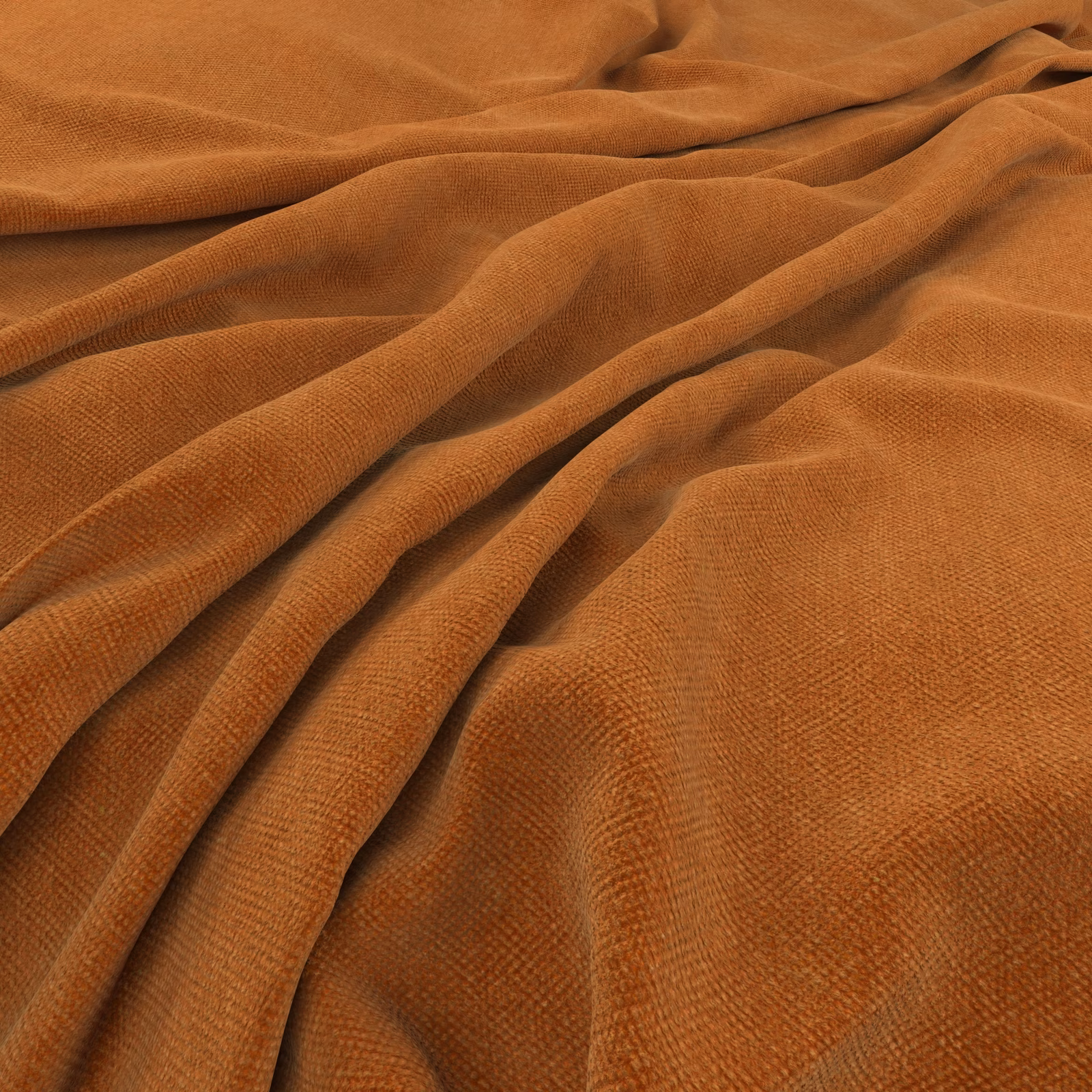 Warm marmalade-orange fabric with a fine ribbed texture gathered into soft folds