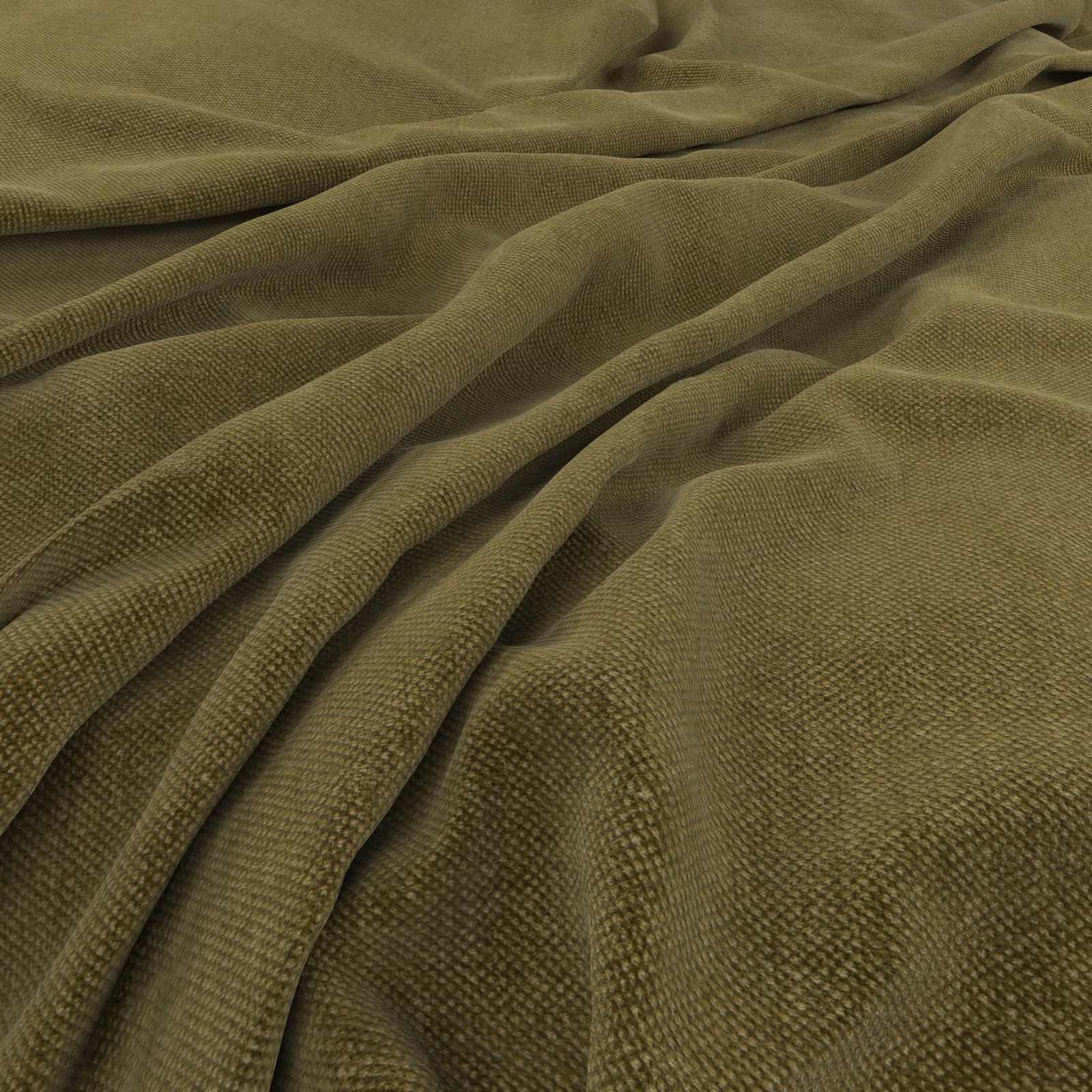 Muted moss olive woven fabric gathered in deep, softly shadowed folds