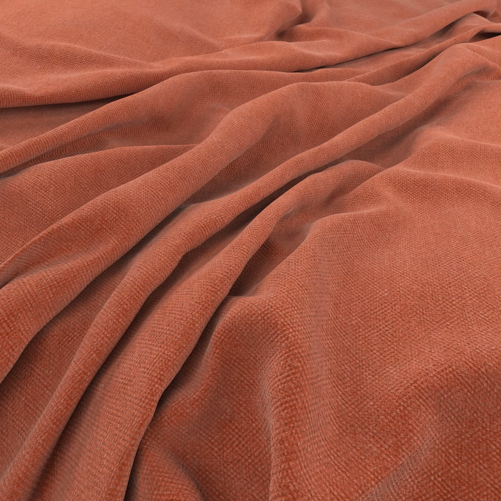 Papaya terracotta woven fabric gathered into softly rounded, shadowed folds