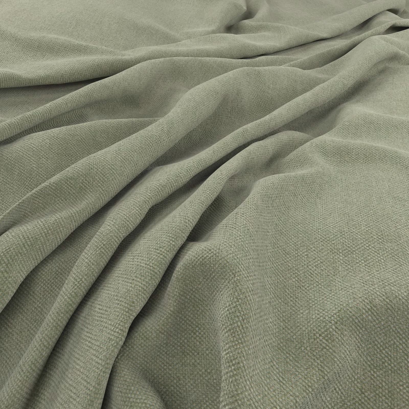 Muted sage-green woven fabric shown in soft flowing folds with a fine even texture