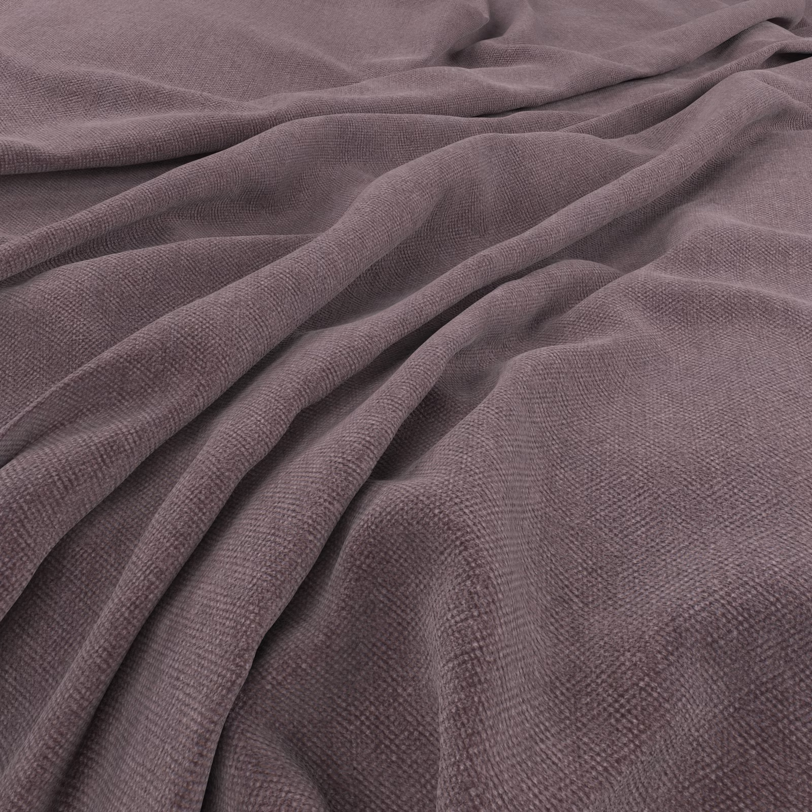 Dusky wisteria mauve fabric with fine cross-texture gathered into soft folds