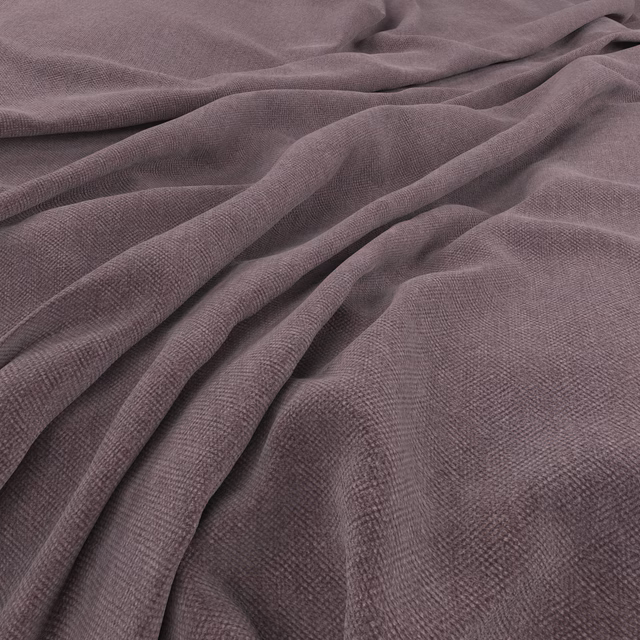 Dusky wisteria mauve fabric with fine cross-texture gathered into soft folds