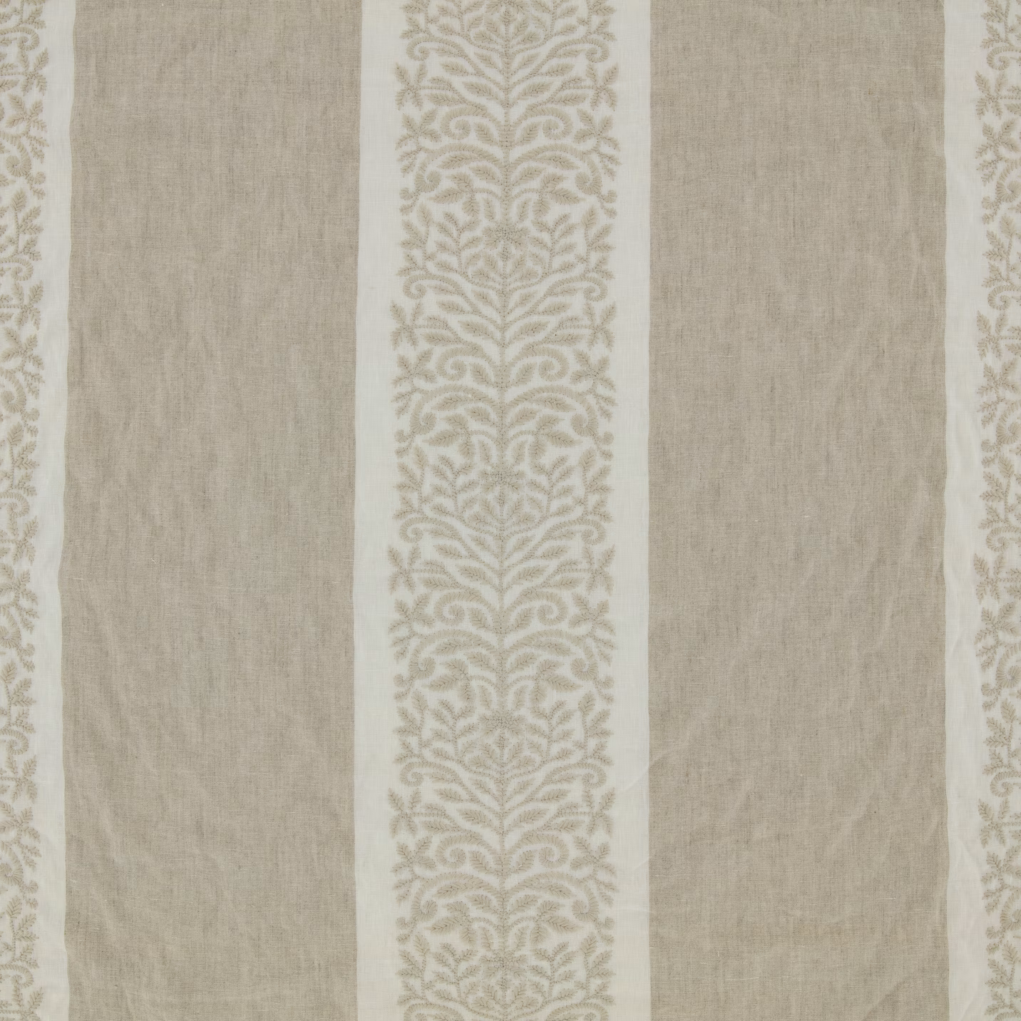 Warm beige swatch with taupe leafy stripes and a softly textured woven ground