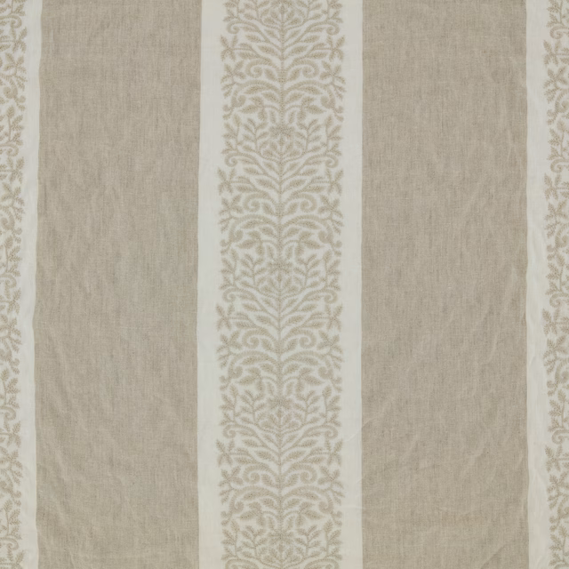 Warm beige swatch with taupe leafy stripes and a softly textured woven ground