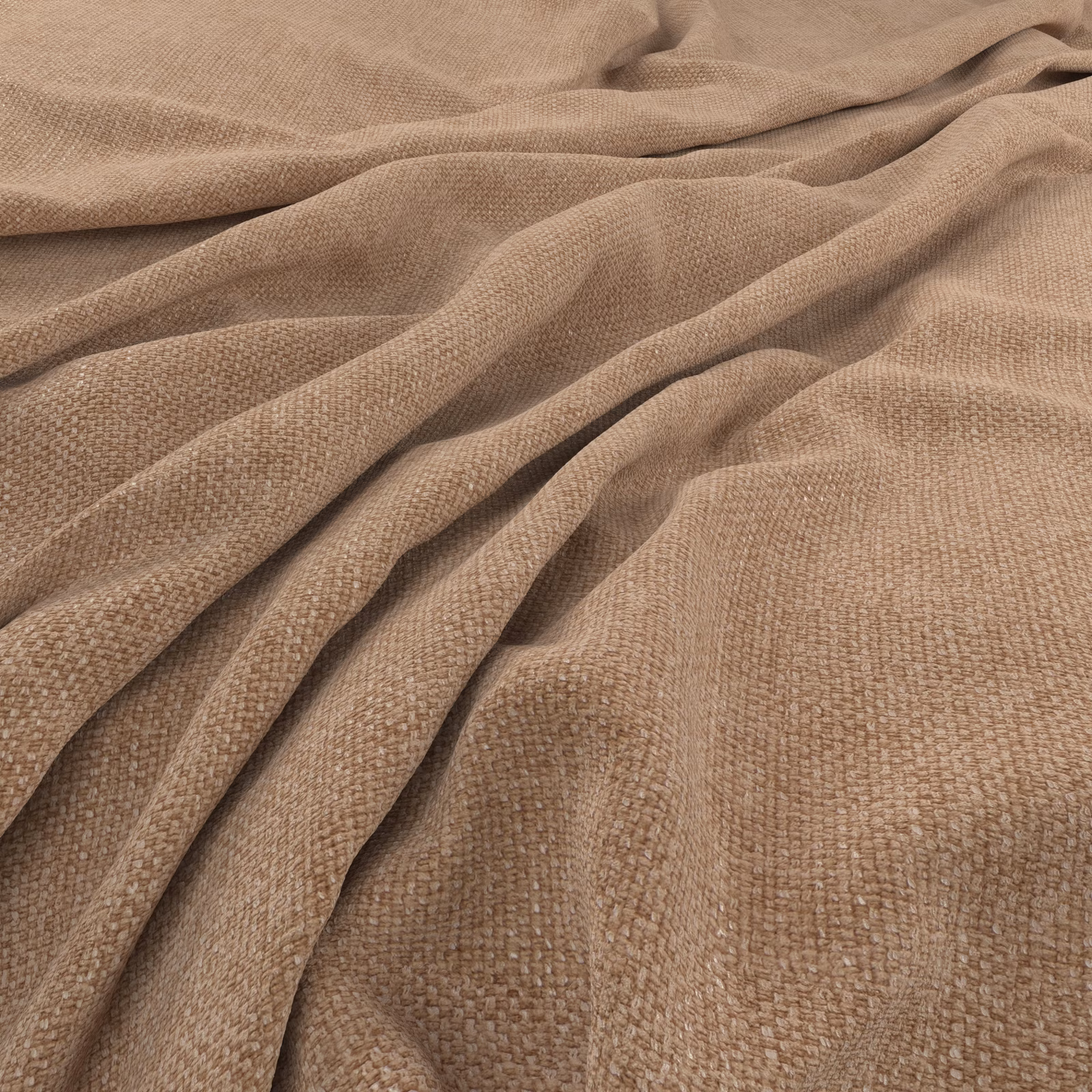 Warm buff woven fabric showing fine nubby texture across softly draped folds