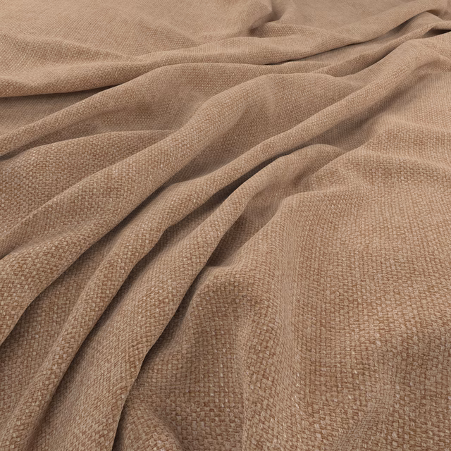 Warm buff woven fabric showing fine nubby texture across softly draped folds