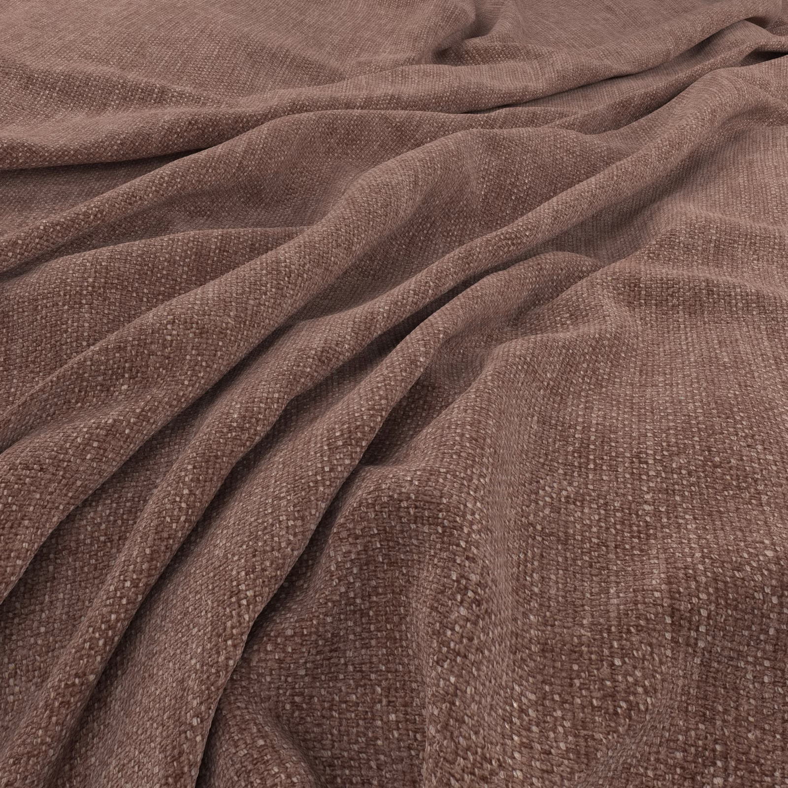 Dusty mauve-taupe woven fabric shown in deep, softly folded drapes