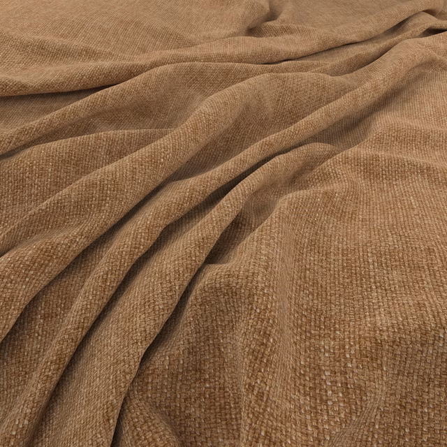 Warm clay-brown woven fabric draped in folds, showing a fine tactile textured surface