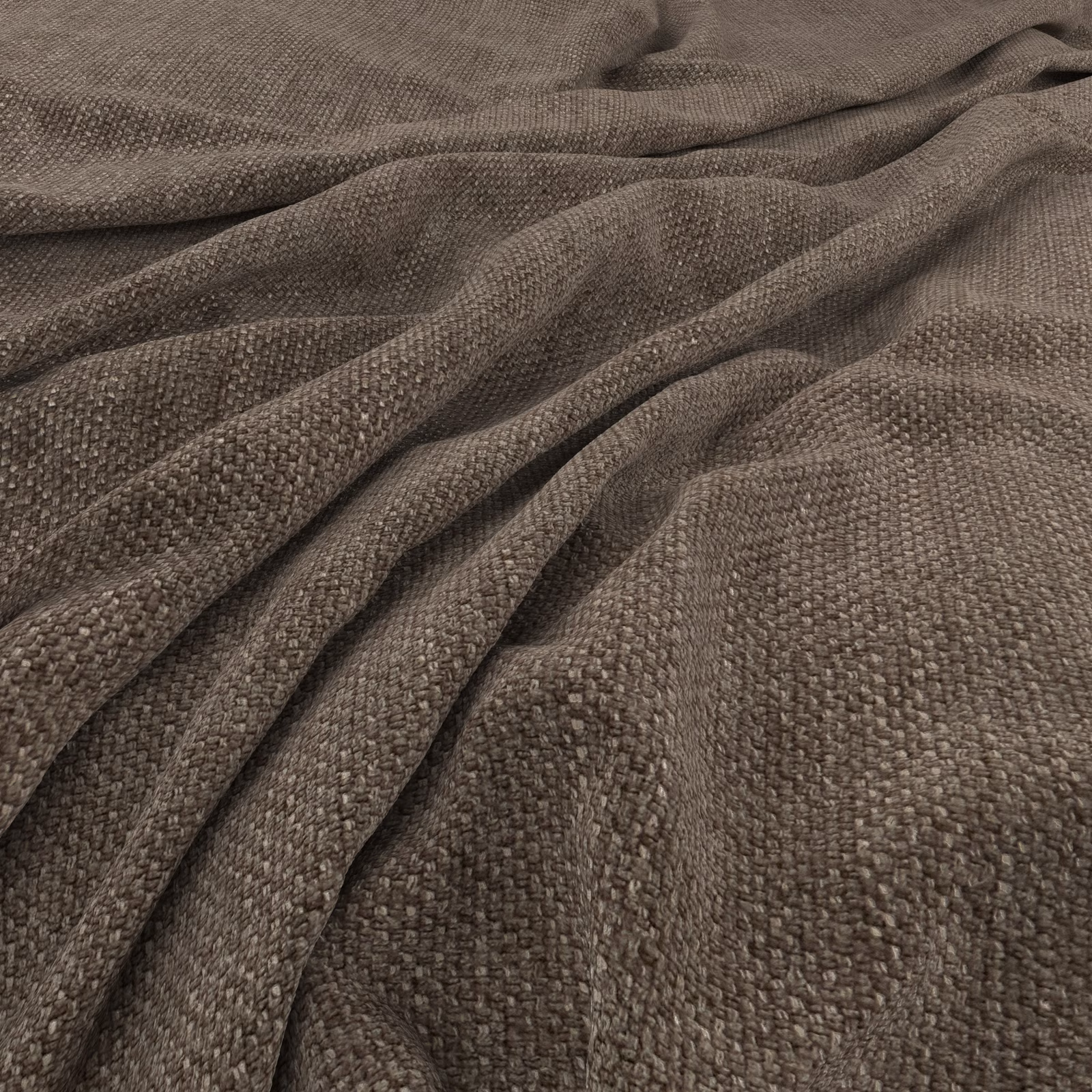 Warm taupe-brown woven fabric showing a nubby surface and soft gathered folds