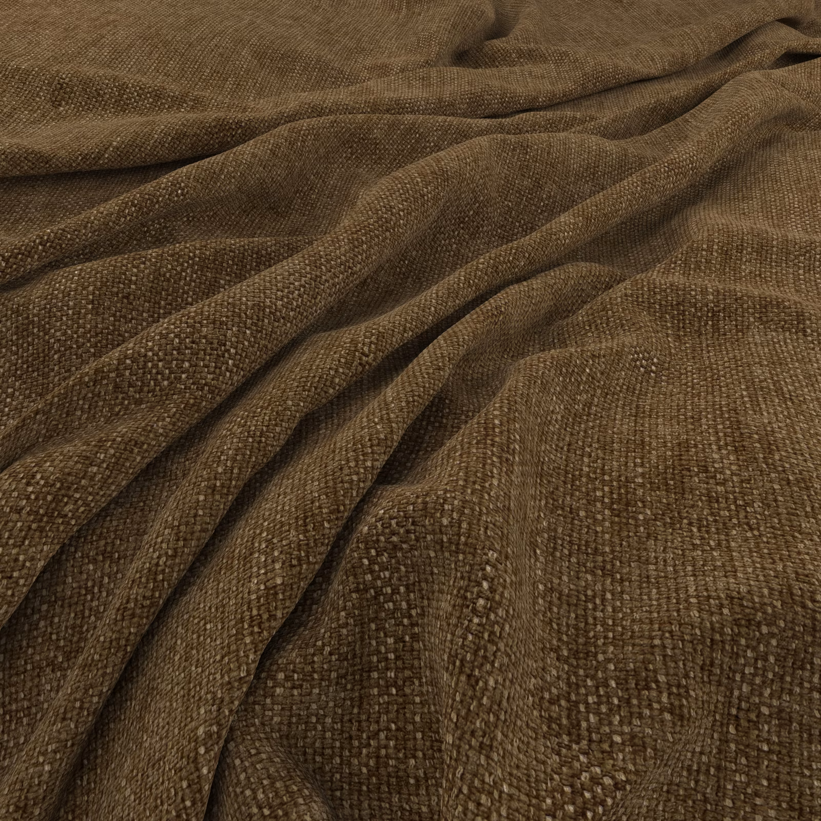 Brown-olive woven fabric with pebbled grain, soft folds and deep earthy shadows