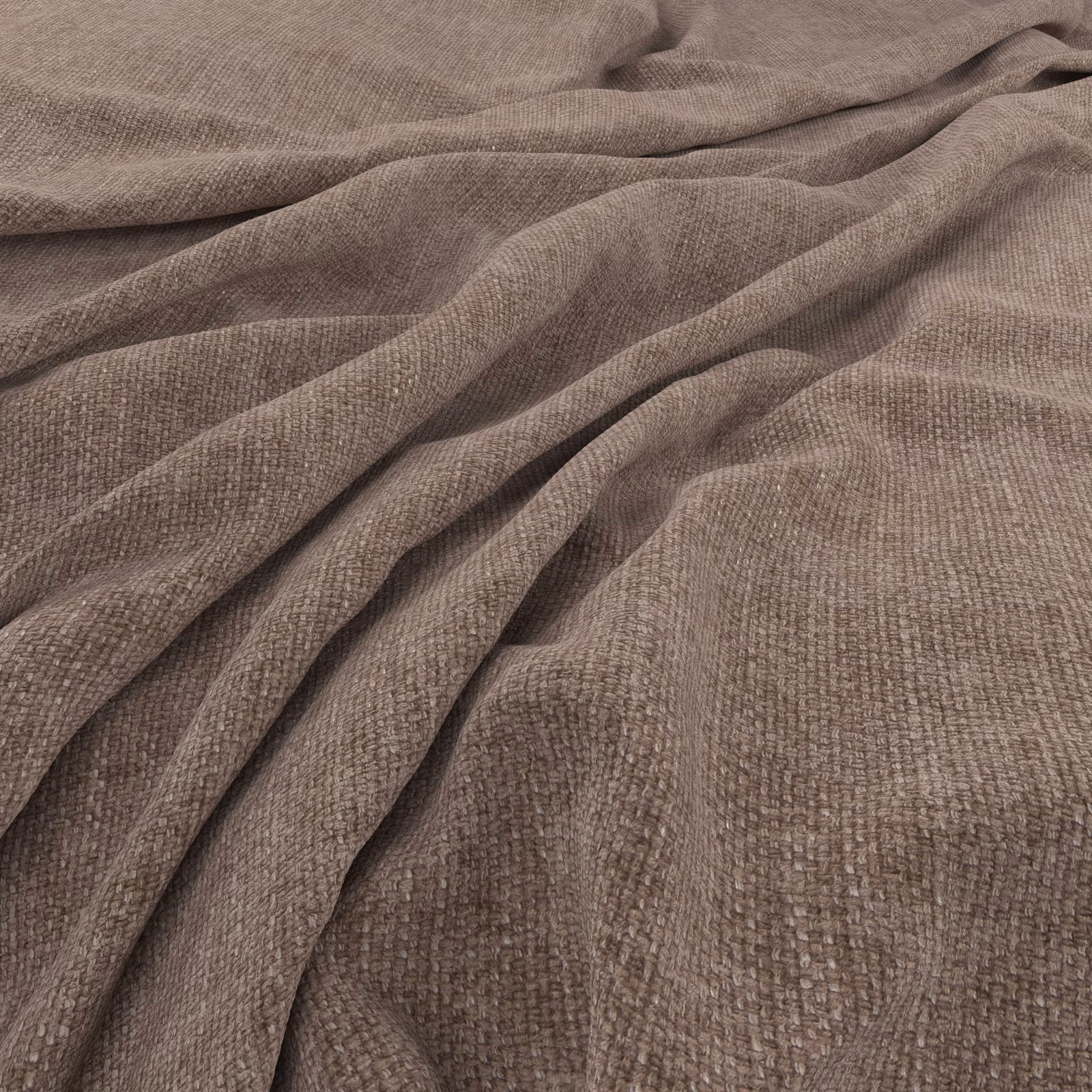 Warm mushroom-taupe woven fabric gathered into soft folds with a subtly nubby texture