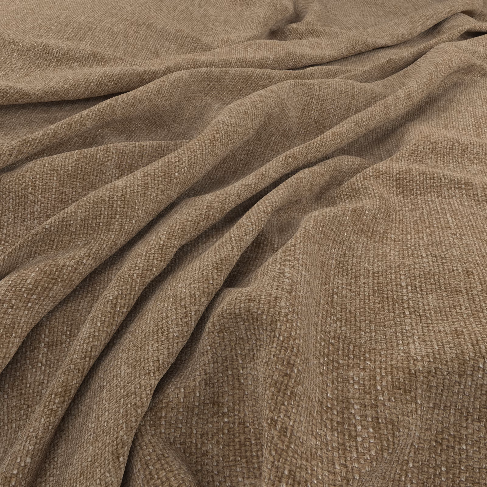 Warm taupe-brown woven textile with a fine nubby surface arranged in soft folds
